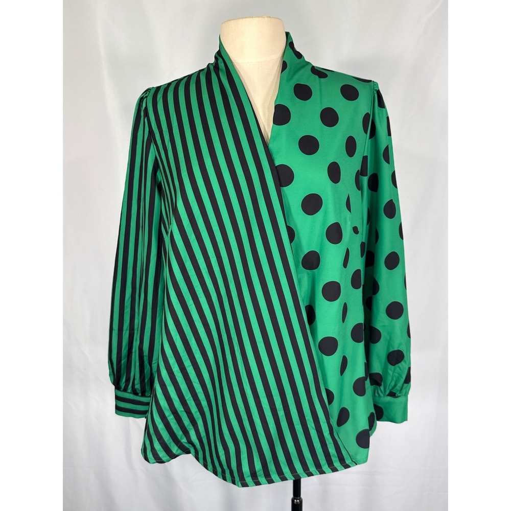 ChicMe Bold Green Black Stripe Polka Dot Blouse 0XLLong Sleeve, Faux Wrap, Fun
